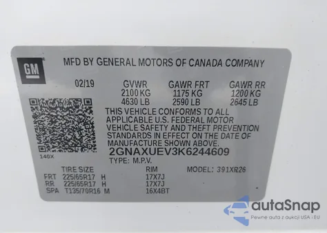2019 Chevrolet Equinox Lt z USA, uszkodzony, nr VIN 2GNAXUEV3K6244609